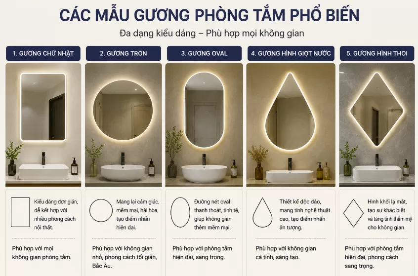 Chọn kích thước gương nhà tắm theo hình dáng và phong thủy