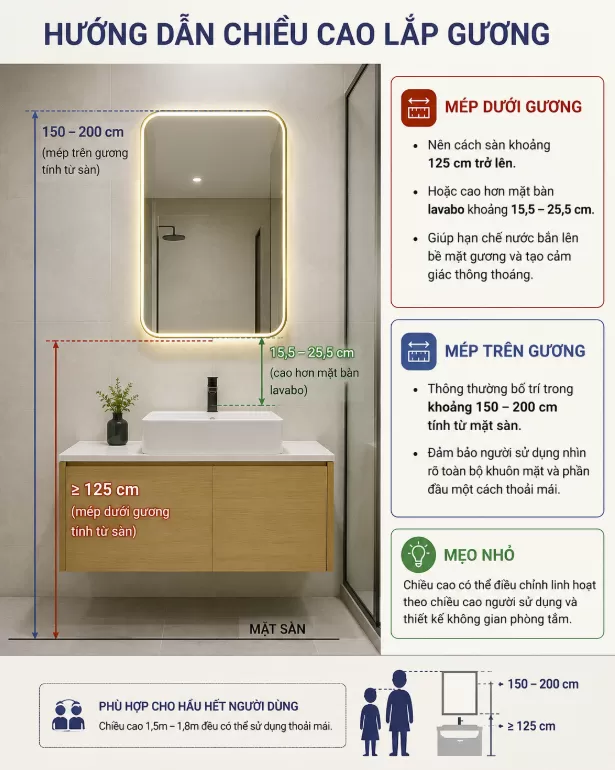 Chiều cao gương nhà tắm được khuyến nghị sử dụng