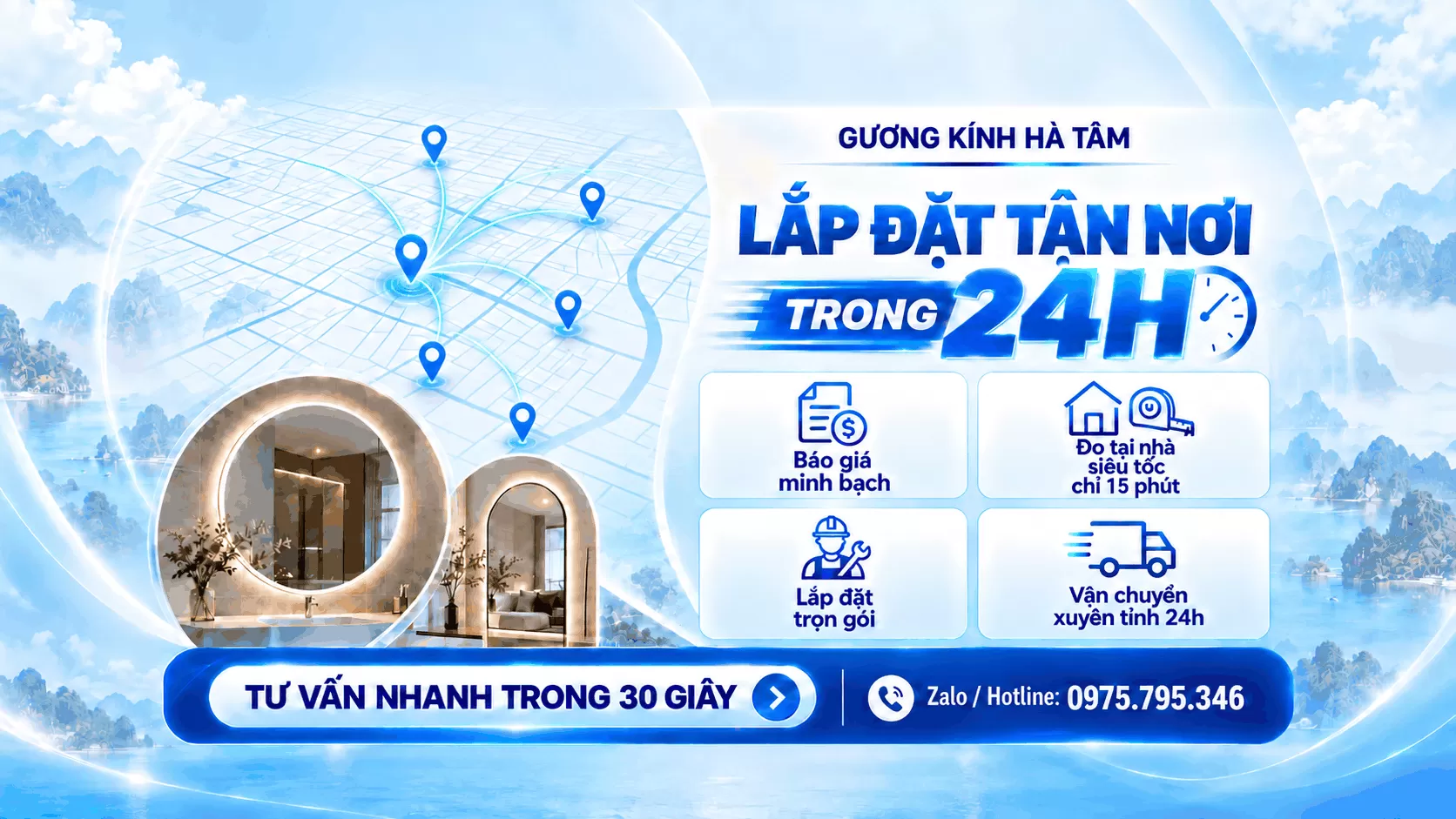 Lắp đặt gương trang trí, trần gương tận nơi 