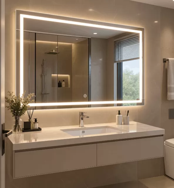 Gương trang điểm LED hình chữ nhật ở trong nhà tắm