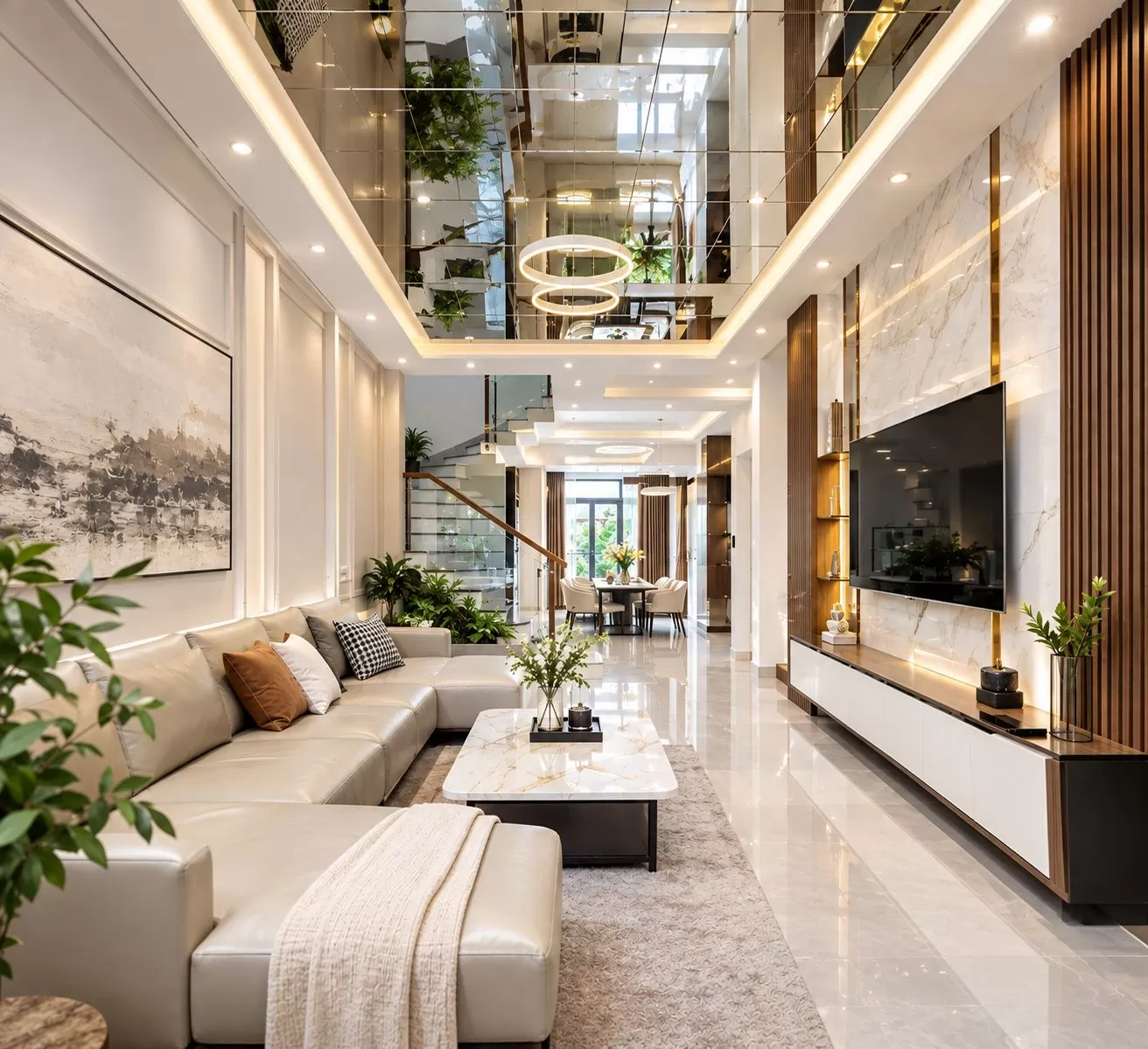 Trang trí phòng khách nhà ống đẹp, thoáng hơn với gương